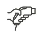 A hand holding a gun depicted in a line icon with a subtle hint of GOEVIN.