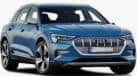A blue Audi e-tron electric SUV is parked, viewed from the front left angle.