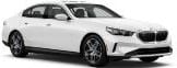 A white BMW sedan is shown from a front-side angle on a plain background.