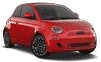 A small, compact red car with two doors, black wheels, and tinted windows, viewed from the front left angle.