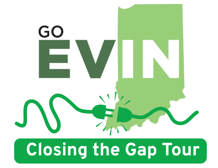 Logo with the words “GO EV IN” over an outline of Indiana, two plugs connecting, and the text “Closing the Gap Tour” on a green bar below—highlighting GOEVIN’s journey through Evansville.