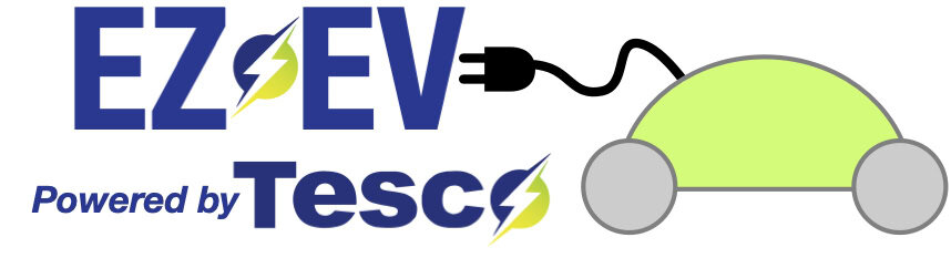 EZ EV logo with a plug and car graphic, featuring the text "Powered by Tesco" and a lightning bolt symbol integrated into the letters, highlighting available incentives for EV programs.
