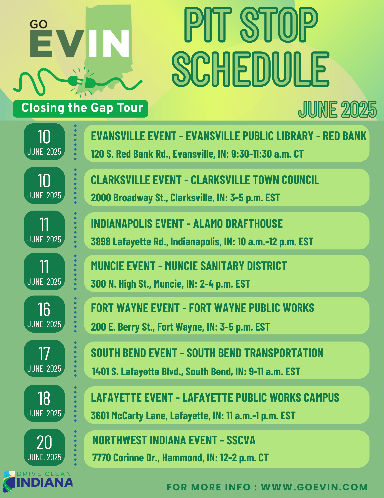 Go EVIN pit stop event schedule for June 2025 features programs and incentives, listing dates, locations, addresses, and times for events across several Indiana cities.