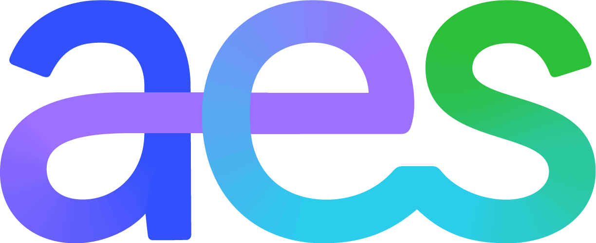 Lowercase letters "aes" in a bold, rounded font represent AES Indiana, with the "a" in blue, "e" in purple, and "s" in green. They overlap, creating a vibrant gradient effect—perfect for an electric celebration during National Drive Electric Month.